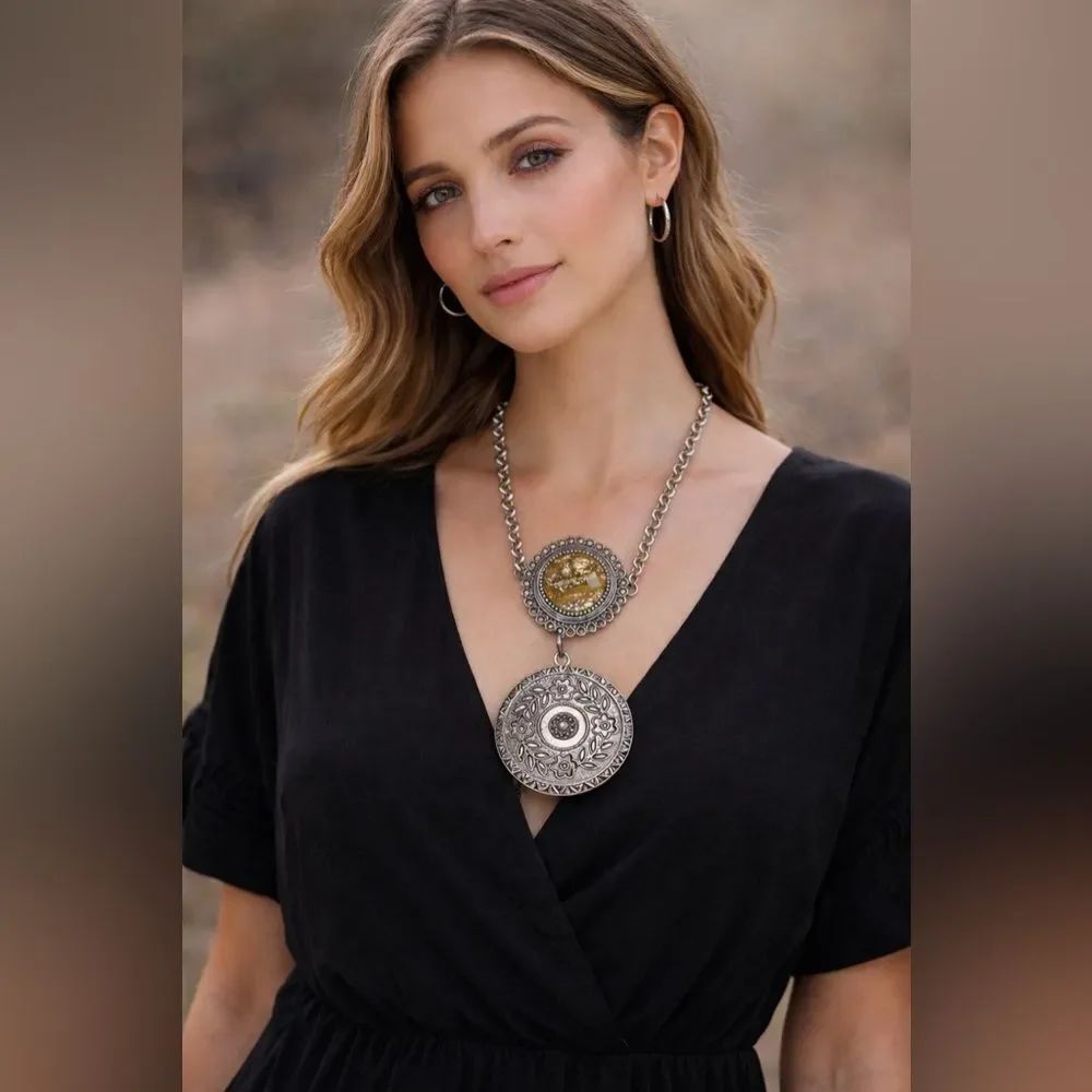 Oversized Silver Tone Double Medallion Statement Necklace Boho Western